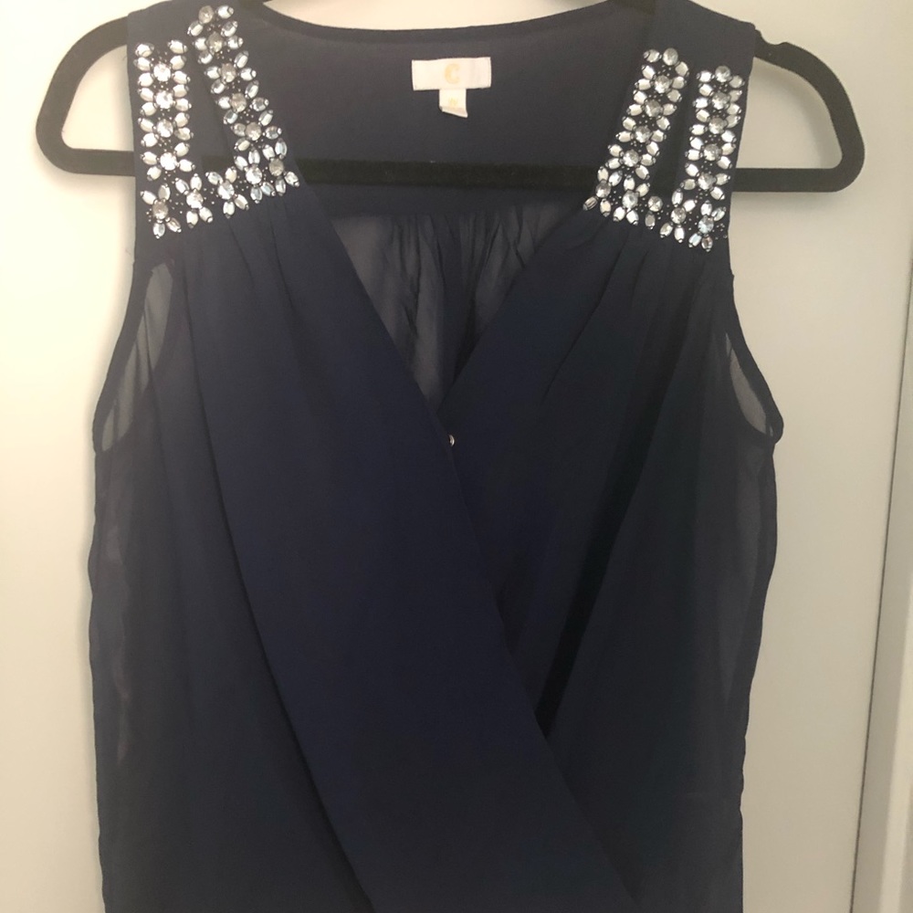 Navy sheer top with jewel shoulder embellishment